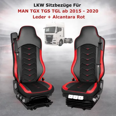 Zdjęcie produktu dla Pokrowce na siedzenia do ciężarówek 1+1, skóra + Alcantara, do samochodów MAN TGX, TGS, TGL, produkowanych w latach 2015-2020, kolor czerwony