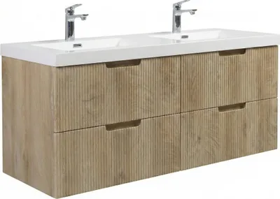 Produktbild von Badplaats Badmöbel Set mit Waschbecken und Unterschrank Thermis 140 x 48 cm Eiche Hell - Waschbeckenunterschrank mit Soft-Close und Doppelwaschbecken, Vorgemontiert