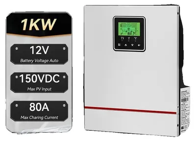 Zdjęcie produktu dla Hybrydowy falownik solarny, ładowarka MPPT, wyjście jednofazowe, 220-240V, 1kW, 12V