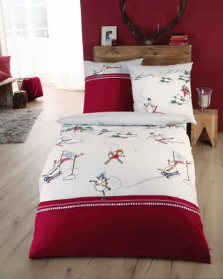 Obrázok produktu pre Sada posteľnej bielizny Kaeppel Biber, 135x200 cm + 80x80 cm, motív zimných športov, farba bordó