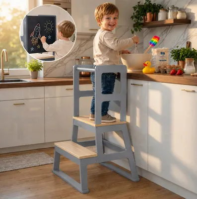 Produktbild von Baby Vivo Lernturm aus Holz - Mit Tafel in Grau