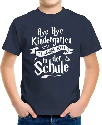Produktbild von Kinder T-Shirt Jungen Bye Bye Kindergarten ich zaubere jetzt in der Schule Geschenk zur Einschulung Schulanfang Moonworks® navy 122-128 (7-8 Jahre)