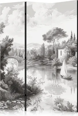 Produktbild von 3-teiliger Doppelseitiger Vlies Paravent - Black and White Vintage Landscape - Retro View of a Pond with a Boat 135x172 cm Landschaften c-H-10047-z-a