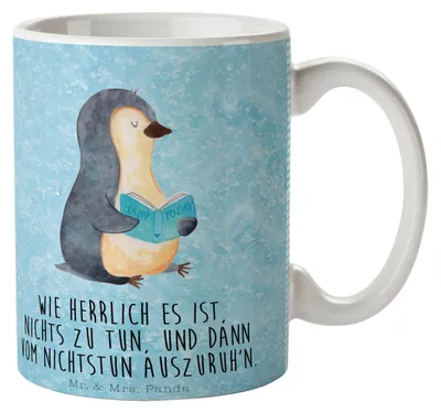 Produktbild von Mr. & Mrs. Panda Keramikbecher Pinguin Buch - Eisblau - Geschenk, Pause, Urlaub, Teetasse, Becher, kaffeebecher bedruckt, Tasse, Kaffeetasse