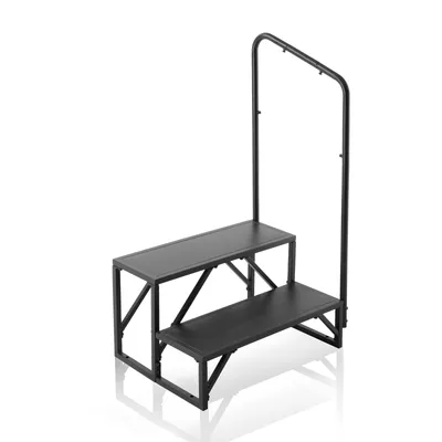 A black, two-step ladder with a handrail, presented against a white background.