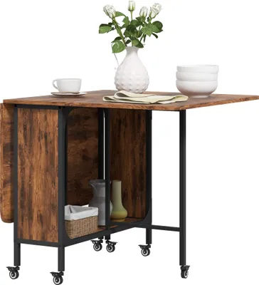 Image de HOMCOM Table pliante avec 6 roulettes et étagère, style industriel en bois et métal, finition marron rustique