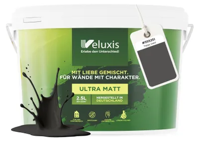 Produktbild von Wandfarbe Anthrazit Schwarz Grau Matt Innenfarbe – Deckkraft Klasse 1, VOC-frei, Ohne Grundierung, Tropfarm – Wohnzimmer & Schlafzimmer – 2,5L – Veluxis (Poppy Seed)
