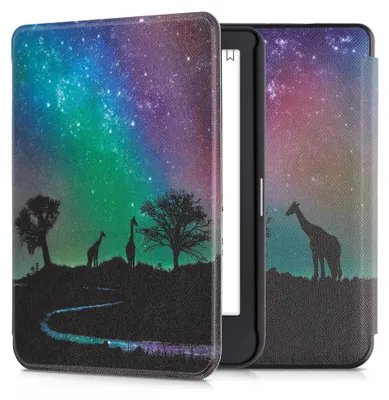 Produktbild von kwmobile Schutzhülle für Tolino Shine 3 Hülle - eReader Flip Case mit Auto Sleep Funktion - Sternenhimmel Giraffe mit Schwarz Dunkelblau Pink