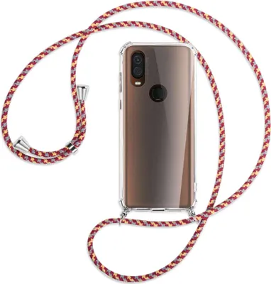 Produktbild von Handykette Backcover-Schutzhülle mit Band (Metall silberfarben) für Motorola One Vision - weinrot/gelb/grau