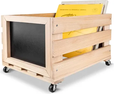 Produktbild von Creative Deco Vinyl Box mit Kreidetafel | Aufbewahrung bis zu 80 Schallplatten Regal Holzbox auf Rädern 46x36x29 cm cm (+/- 1cm) | Schallplattenkiste