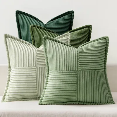 Produktbild von Set mit 4 Kissenbezügen aus Cord, weiche Dekokissen, moderne Kissenbezüge, Sofakissen, Zierkissen, Sitzkissen für Wohn- und Schlafzimmer, grüne Serie, 50 x 50 cm