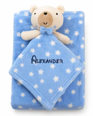 Produktbild von BotoBaby® Babydecke mit Namen + Schmusetuch Bärchen – Blau mit Sternen – ca. 75 x 100 cm – Personalisiertes Baby Geschenkset