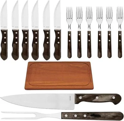 Produktbild von Famanu BBQ-Set  - 6 Steakmesser, 6 Steakgabeln, 1 Fleischmesser, 1 Fleischgabel, 1 Teakhölzerne Schneidebrett