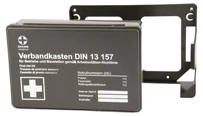 Produktbild von GRAMM medical Betriebsverbandkasten MINI + Wandhalterung schwarz DIN 13 157