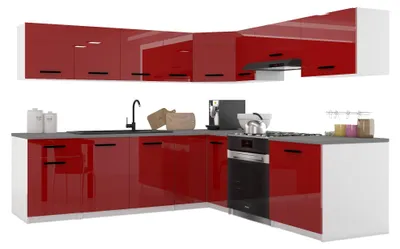 Image de Belini - Coin cuisine moderne ITALIA 7 - Meubles de cuisine 420 cm, rouge - Cuisine équipée avec éléments hauts, éléments bas et plans de travail