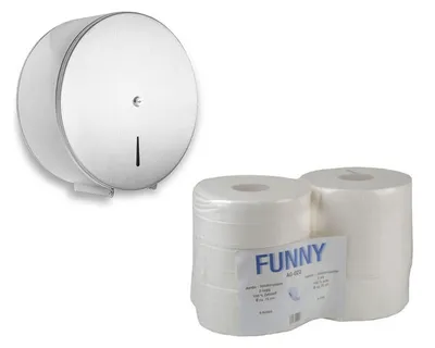 Produktbild von 1x Toilettenpapier-Spender für Jumborollen silber Edelstahl inkl. 6 weiße Rollen