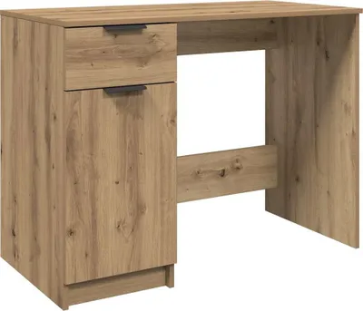 A wooden desk with a drawer and a cabinet.