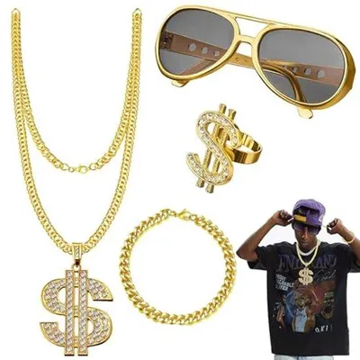 Produktbild von Ultiluxe Rapper Accessoires - 4 Teile - Dollar Kette Set - Hip Hop Kostüm - Retro - Goldvisier