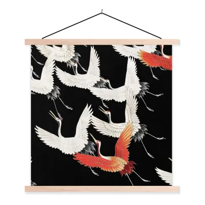 Produktbild von MuchoWow® Textilposter Kranich - Japanisch - Rot - Weiß 120x120 cm mit holzfarbenen Rahmen - Textil-Poster