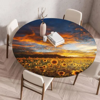 Productafbeelding van Elastische, ronde tafelkleed, afwasbaar, 130 cm, met zonnebloemmotief, geschikt voor tafels van 120-125 cm