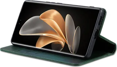A smartphone in a green flip case, displayed on a white background.