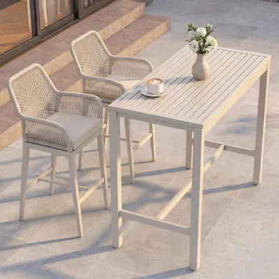 Produktbild von Set Bartisch + 2x Barhocker HWC-P91, Barstuhl Stehtisch, Outdoor Sitzpolster Seilgeflecht Metall creme