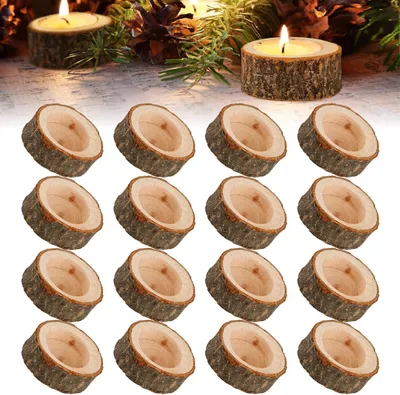 Productafbeelding van Houten theelichthouders, rond, 16 stuks, 6 x 2,5 cm, voor tafeldecoratie