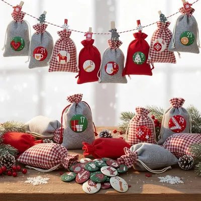Image de Calendrier de l'Avent à remplir, en tissu - 24 petits sacs pour calendrier de l'Avent, de deux tailles différentes - Calendrier de Noël à remplir - Pour enfants