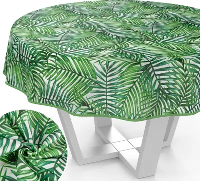 Produktbild von Tischdecke Tropik aus Textil mit Blumen Pflanzen wasserabweisend Tischtuch Tischwäsche Aquarell Grün Rund 120cm mit Paspelband
