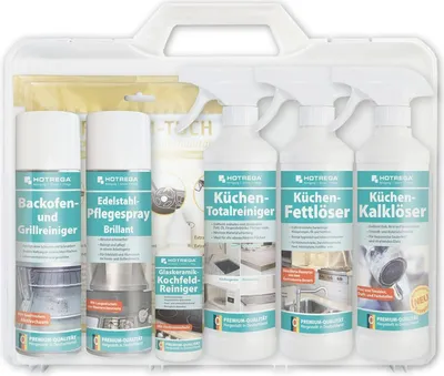 Produktbild von HOTREGA Küchen-Set Reinigung und Pflege 8-teilig, Kochfeldreiniger, Backofenreiniger, Allzweckreiniger, Edelstahlpflege, Microfasertuch