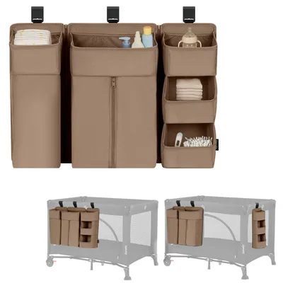 A product image showing a beige crib organizer with multiple compartments, filled with baby items. Below, two smaller images show the organizer attached to a crib.
