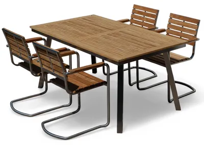 Produktbild von ALEOS. Gartengarnitur Edelstahl Teak Set: Tisch Nassau 160x90 cm + 4 stapelbare Teak Schwingsessel A-Grade Teak Holz Serie Nassau Gastroqualität Gartenmöbelgarnitur Esstischset Gastgartenmöbel