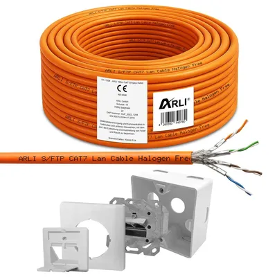 Produktbild von ARLI 100 m Cat7 Verlegekabel S/FTP LSZH PIMF + Cat6a Netzwerkdose – Netzwerkkabel halogenfrei für Unterputz & Aufputz