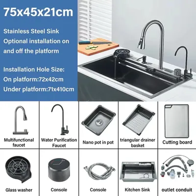 Immagine prodotto di Lavello da cucina a cascata - Lavello a vasca singola - Paraspruzzi frontale - 75x46 cm - Acciaio inossidabile 304 - Con rubinetto - Grigio