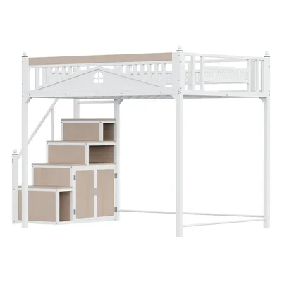 Produktbild von Metall-Hochbett,140x200cm,Metall-Sicherheitszaun mit Metallkugel und Fensterdesign,Kletterleiter austauschbar,Sicherheitsleiter mit Spinden