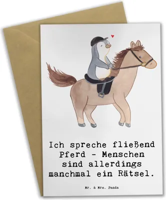 Produktbild von Mr. & Mrs. Panda Klappkarte Reiten und Rätsel - Weiß - Geschenk, Pferdesport, Pferde, babykarte, weihnachtskarten, Kommunikation, einladungskarten, Teamsport, Humor