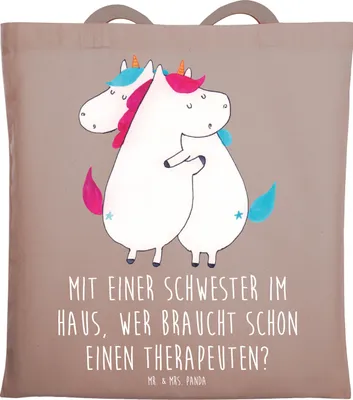 Produktbild von Mr. & Mrs. Panda Einkaufstasche Schwester Glück - Braun Pastell - Geschenk, liebevoll, Geschwisterliebe, Büchertasche, Familienmitglieder, Schultasche, Familiengeschenk