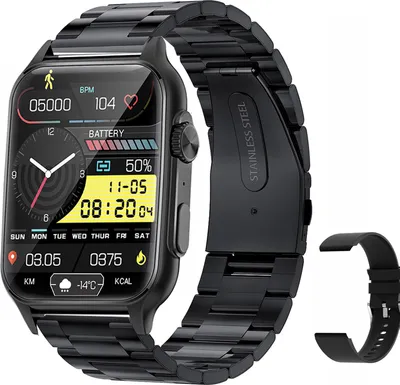 Obrázek produktu pro 1,96palcové chytré hodinky s celoplošným dotykovým displejem pro sledování zdraví hodinky IP67 vodotěsné Bluetooth volání multisportovní režimy, ocelový pásek černá barva