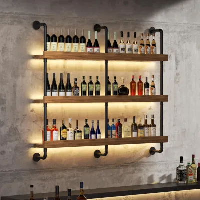 Wandweinregal mit LED, 3 Etagen, Massivholz, 140x110x22 cm