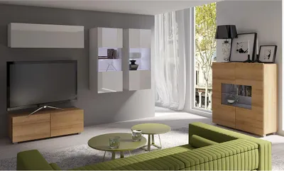 Produktbild von Wohnmöbel Set in weiß Hochglanz & Eiche Gold Nb. mit LED Beleuchtung CAIRNS-132