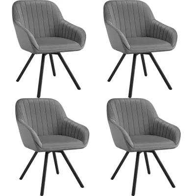 Four gray upholstered chairs with black legs are arranged in a grid on a white background.