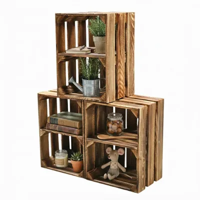Obrázek produktu pro Dřevěná bedna s plameny 40x30x25cm - bedna na ovoce, regálová bedna s mezipodlahou a bez mezipodlahy