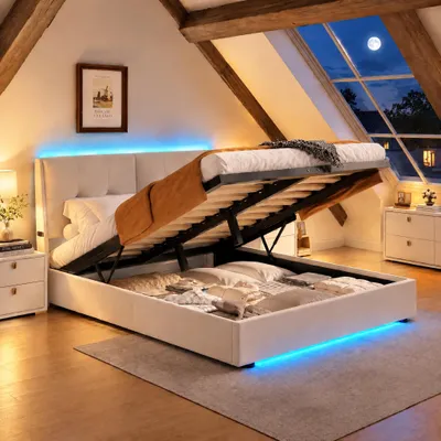 Obrázok produktu pre INONEFT Čalúnená posteľ, dvojlôžko, 140x200 cm, s úložným priestorom, hydraulická posteľ s LED osvetlením, posteľ pre mládež, rám postele s úložným priestorom a latkovým roštom, zamat, béžová