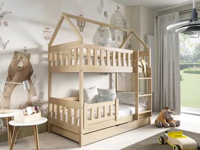 Obrázek produktu pro FELIX Dřevěná postel ve tvaru domečku 80 x 160 cm, palanda se zásuvkou a pěnovými matracemi, dřevěná postel