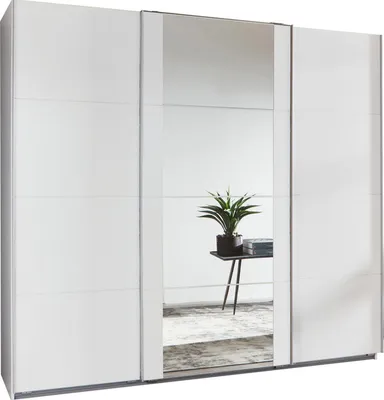 A white sliding door wardrobe with mirrored panels.