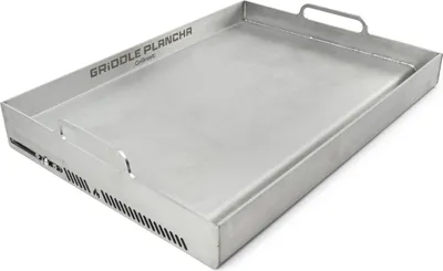 A stainless steel griddle plancha is shown from a slightly elevated angle on a white background.