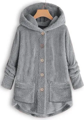 Produktbild von ASKSA Damen Plüschjacke Plüsch Cardigan Dicke Warm Sweatshirt Teddy Jacke Lang Kuschelpullover, Grau, S