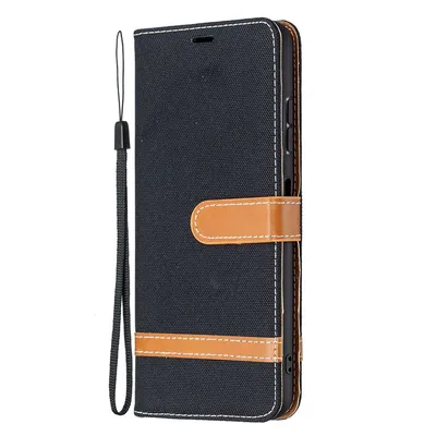 A black and brown flip phone case with a wrist strap, shown from the side.