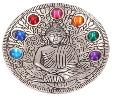 Produktbild von Runder Weißmetall Räucherteller mit Buddha - Chakra, Silber-Farben, 1*11,5*11,5 cm, Räucherstäbchen Halter