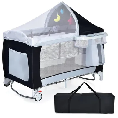 Image de Lit de voyage 4 en 1 pour bébés - lit d'enfant/berceau, matelas à langer et parc - pliable - fonction balancelle - avec boîte à musique et arche de jeu - 1 à 2 ans - noir